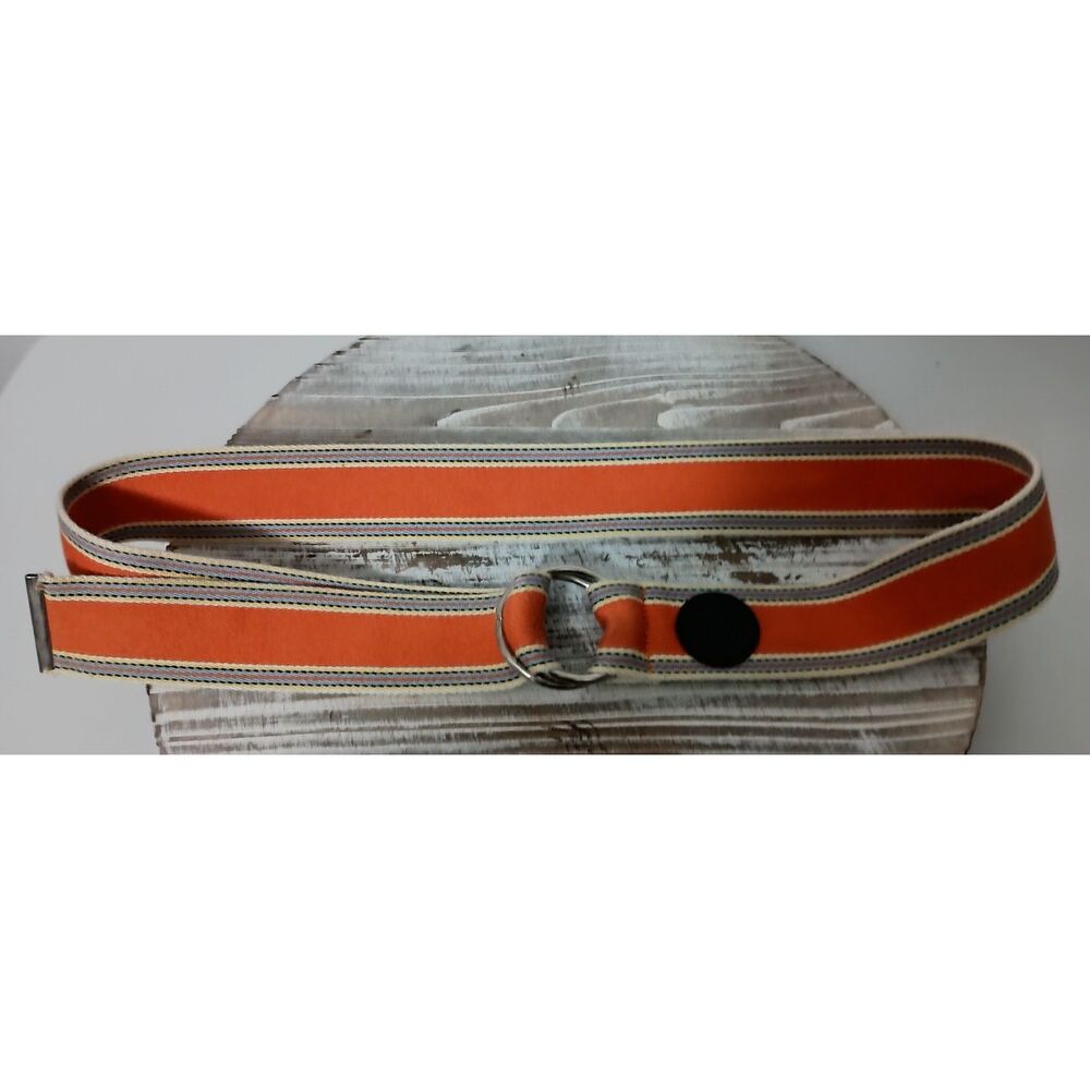 UNKNOWN SOURCE: Orange Striped Ring Belt with Equestrian Logo
